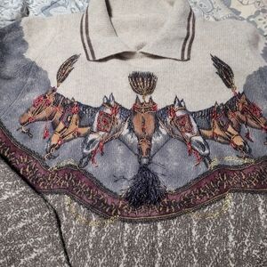 Equestrian Themed Sweater w Horse Design Fun Vintage Wool Blend 21in Wide 26 Lon